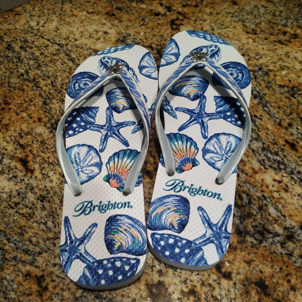 BRIGHTON Summer Shelly Starfish Turquoise White Rubber Flip Flops Women's 8